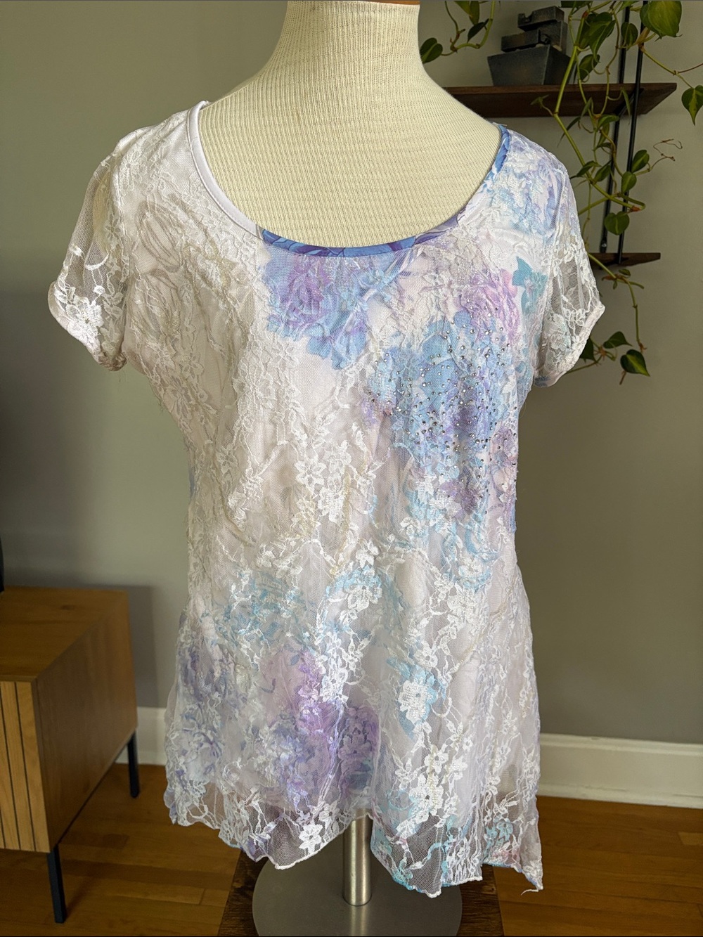 Women's Lace Overlay Top with Pastel Blue & Purple Floral Detail